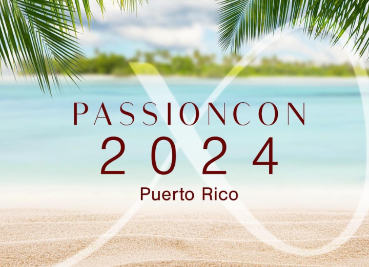 Promo image for PassionCon 2024 featuring palm trees, water and a sandy beach