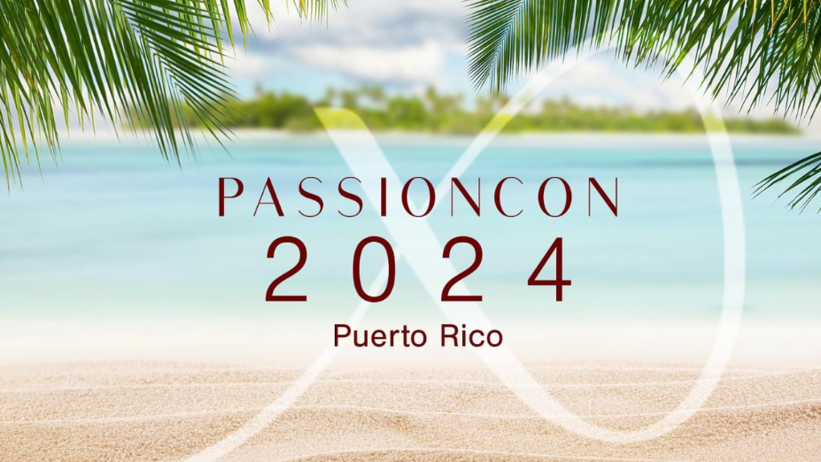 Promo image for PassionCon 2024 featuring palm trees, water and a sandy beach
