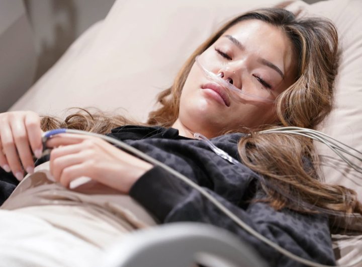 Luna (Lisa Yamada) is asleep in a hospital bed in The Bold and the Beautiful. Photo: CBS