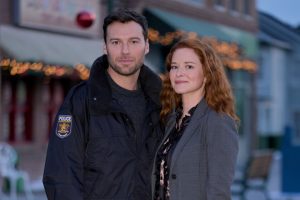 Peter Mooney and Sarah Drew in Mistletoe Murders. Photo: Hallmark Channel