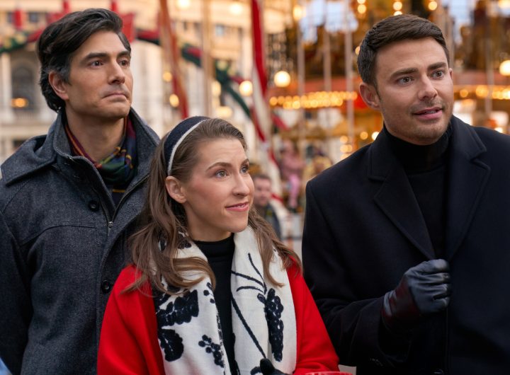 Brandon Routh, Eden Sher and Jonathan Bennett in A Keller Christmas Vacation. Photo: Hallmark Media