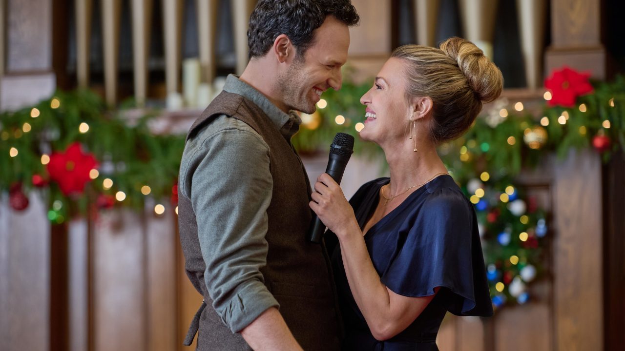 Jake Epstein and Brooke D'Orsay in Oy to the World. Photo: Hallmark Media