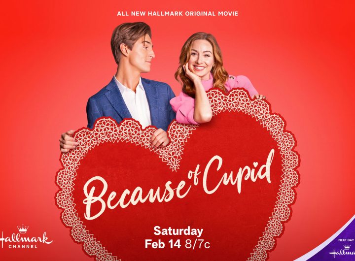 Evan Roderick and Amy Groening pose with a big heart in key art for Because of Cupid. Photo: Hallmark Media