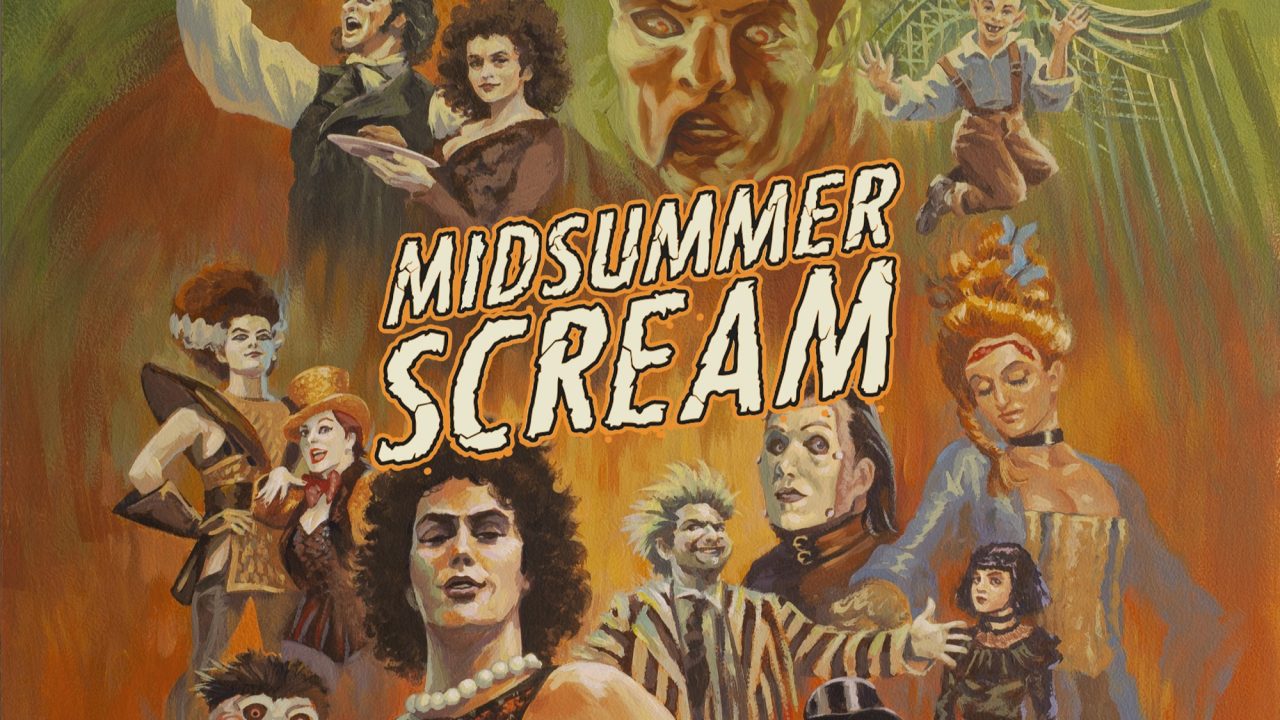 Key art for Midsummer Scream 2026 featuring painted images of horror icons. Credit: Stephen Andrade, Midsummer Scream