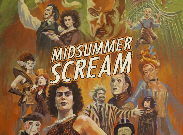 Key art for Midsummer Scream 2026 featuring painted images of horror icons. Credit: Stephen Andrade, Midsummer Scream
