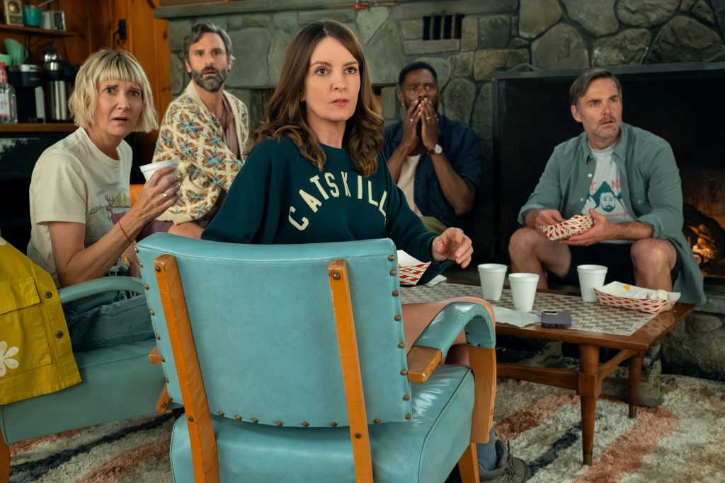 THE FOUR SEASONS, SEASON 2. (L to R) Kerri Kenney-Silver as Anne, Marco Calvani as Claude, Tina Fey as Kate, Colman Domingo as Danny, and Will Forte as Jack in Episode 202 of The Four Seasons, Season 2. Cr. Emily V. Aragones/Netflix © 2025