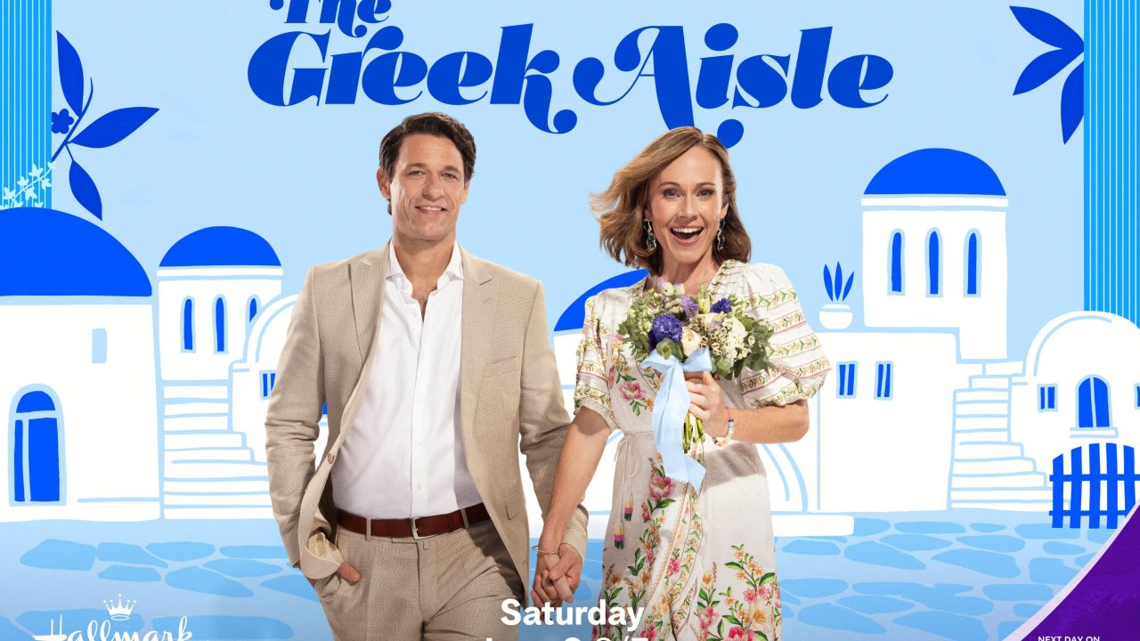 Nikki DeLoach and Apostolis Totsikas in The Greek Aisle. Image: Hallmark Media