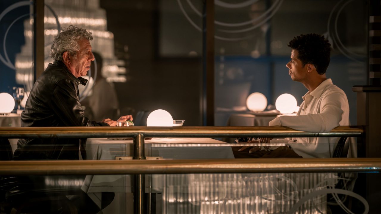 Jacob Anderson as Louis De Pointe Du Lac and Eric Bogosian as Daniel Molloy - Anne Rice's The Vampire Lestat _ Episode 02 - Photo Credit: Sophie Giraud/AMC