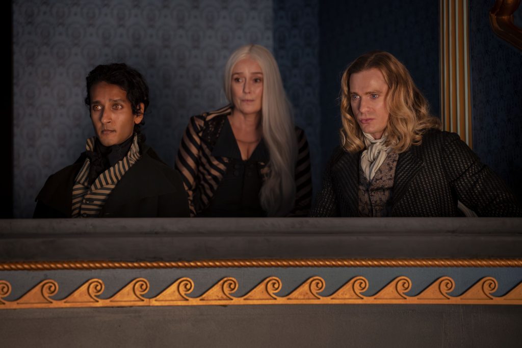 Sam Reid as Lestat De Lioncourt, Assad Zaman as Armand, Jennifer Ehle as Gabriella - Anne Rice's The Vampire Lestat _ Episode 03 - Photo Credit: Sophie Giraud/AMC