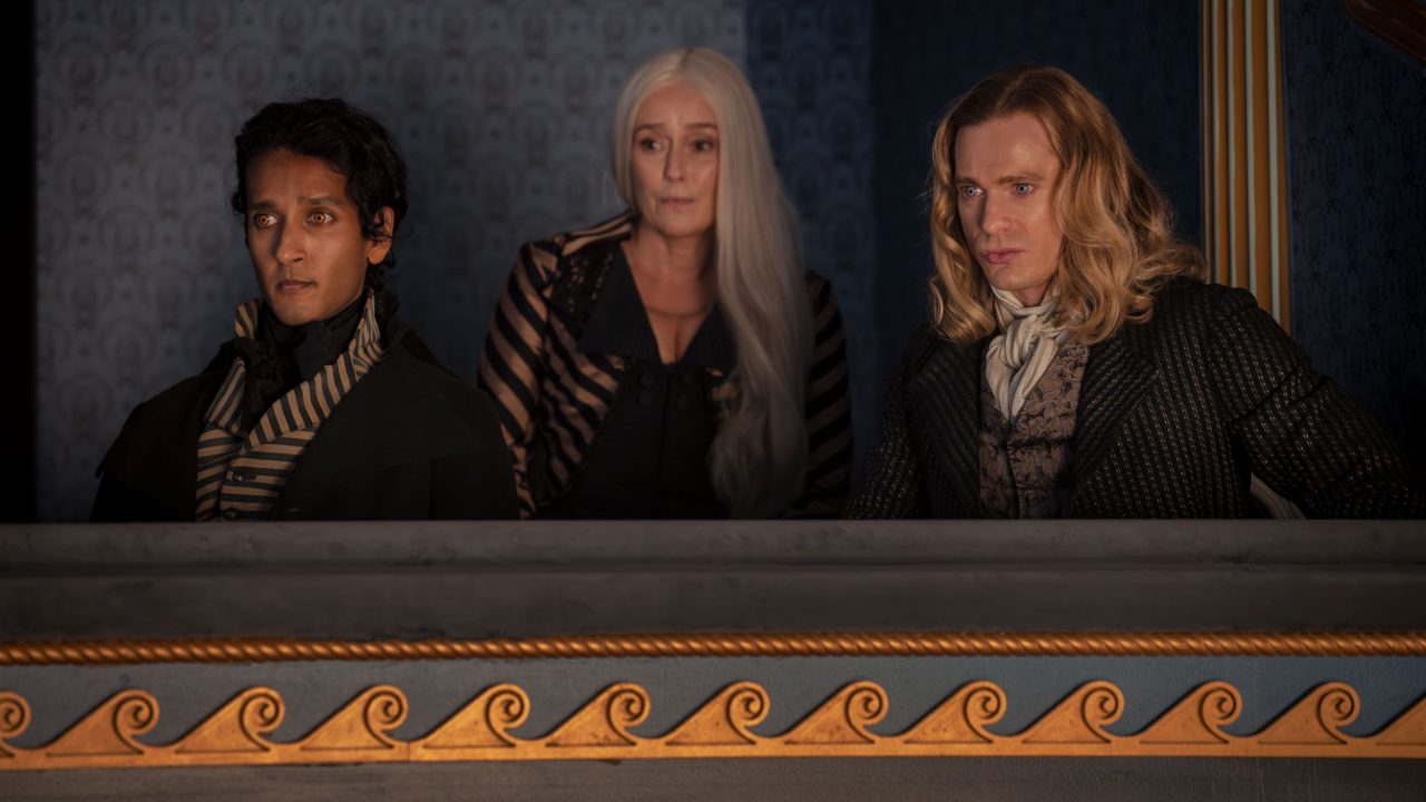 Sam Reid as Lestat De Lioncourt, Assad Zaman as Armand, Jennifer Ehle as Gabriella - Anne Rice's The Vampire Lestat _ Episode 03 - Photo Credit: Sophie Giraud/AMC