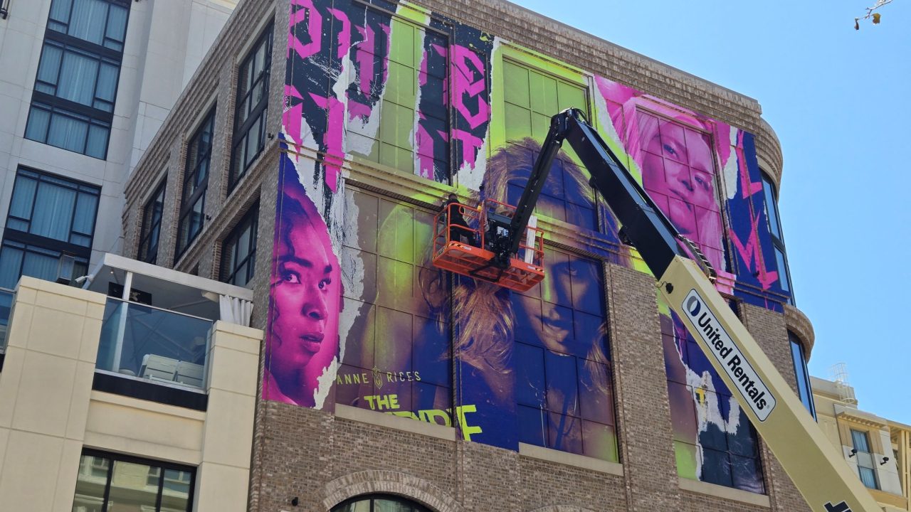 The Vampire Lestat building wrap at SDCC 2026 featuring Sam Reid, Jacob Anderson, Delainey Hayles, Eric Bogosian, Assad Zaman and Jennifer Ehle. Photo: Sarabeth Pollock