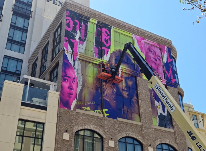 The Vampire Lestat building wrap at SDCC 2026 featuring Sam Reid, Jacob Anderson, Delainey Hayles, Eric Bogosian, Assad Zaman and Jennifer Ehle. Photo: Sarabeth Pollock