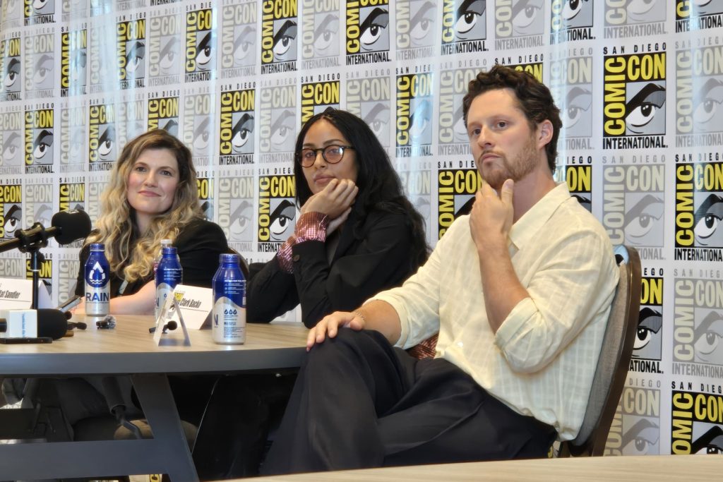Kat Sandler, Clark Backo and Noah Reid at the YAGA press conference at SDCC 2026. Photo: Sarabeth Pollock