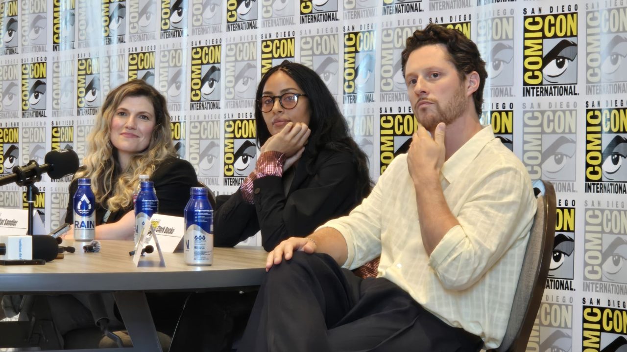 Kat Sandler, Clark Backo and Noah Reid at the YAGA press conference at SDCC 2026. Photo: Sarabeth Pollock