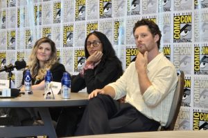 Kat Sandler, Clark Backo and Noah Reid at the YAGA press conference at SDCC 2026. Photo: Sarabeth Pollock