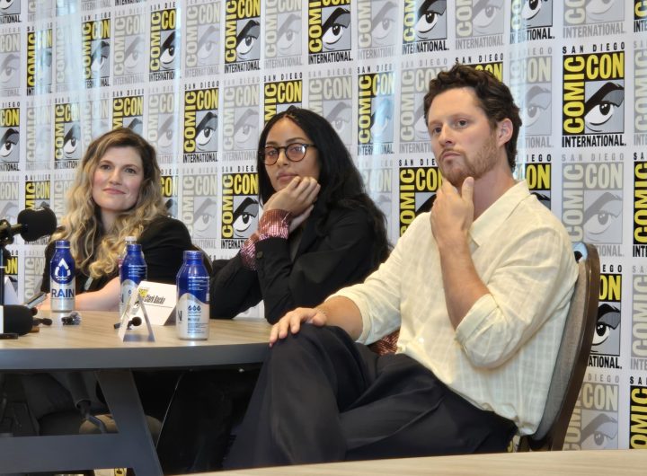 Kat Sandler, Clark Backo and Noah Reid at the YAGA press conference at SDCC 2026. Photo: Sarabeth Pollock