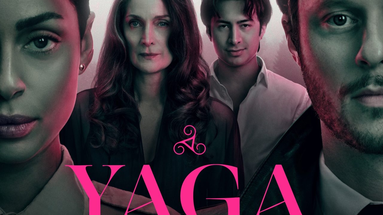 Key art for YAGA starring Carrie-Anne Moss, Noah Reid, Clark Backo, and Hudson Williams. Image: AMC Global Media