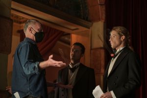 BTS, Executive Producer and Director Alan Taylor, Sam Reid as Lestat De Lioncourt and Jacob Anderson as Louis De Point Du Lac - Interview with the Vampire _ Season 1, Episode 2 - Photo Credit: Michele K. Short/Sony Pictures Television/AMC