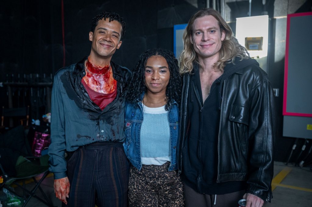 Jacob Anderson as Louis De Pointe Du Lac, Delainey Hayles as Claudia and Sam Reid as Lestat De Lioncourt - Anne Rice's The Vampire Lestat _ Episode 07, Behind the Scene - Photo Credit: Sophie Giraud/AMC