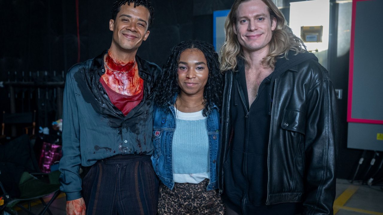 Jacob Anderson as Louis De Pointe Du Lac, Delainey Hayles as Claudia and Sam Reid as Lestat De Lioncourt - Anne Rice's The Vampire Lestat _ Episode 07, Behind the Scene - Photo Credit: Sophie Giraud/AMC