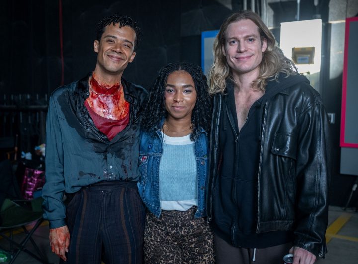 Jacob Anderson as Louis De Pointe Du Lac, Delainey Hayles as Claudia and Sam Reid as Lestat De Lioncourt - Anne Rice's The Vampire Lestat _ Episode 07, Behind the Scene - Photo Credit: Sophie Giraud/AMC