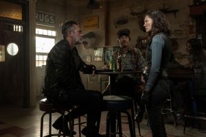 Lauren Cohan as Maggie, Jeffrey Dean Morgan as Negan, Jimmi Simpson as Dillard - The Walking Dead: Dead City _ Season 3, Episode 1 - Photo Credit: Robert Clark/AMC
