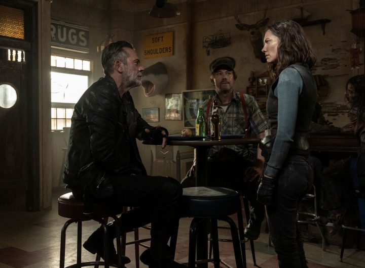 Lauren Cohan as Maggie, Jeffrey Dean Morgan as Negan, Jimmi Simpson as Dillard - The Walking Dead: Dead City _ Season 3, Episode 1 - Photo Credit: Robert Clark/AMC