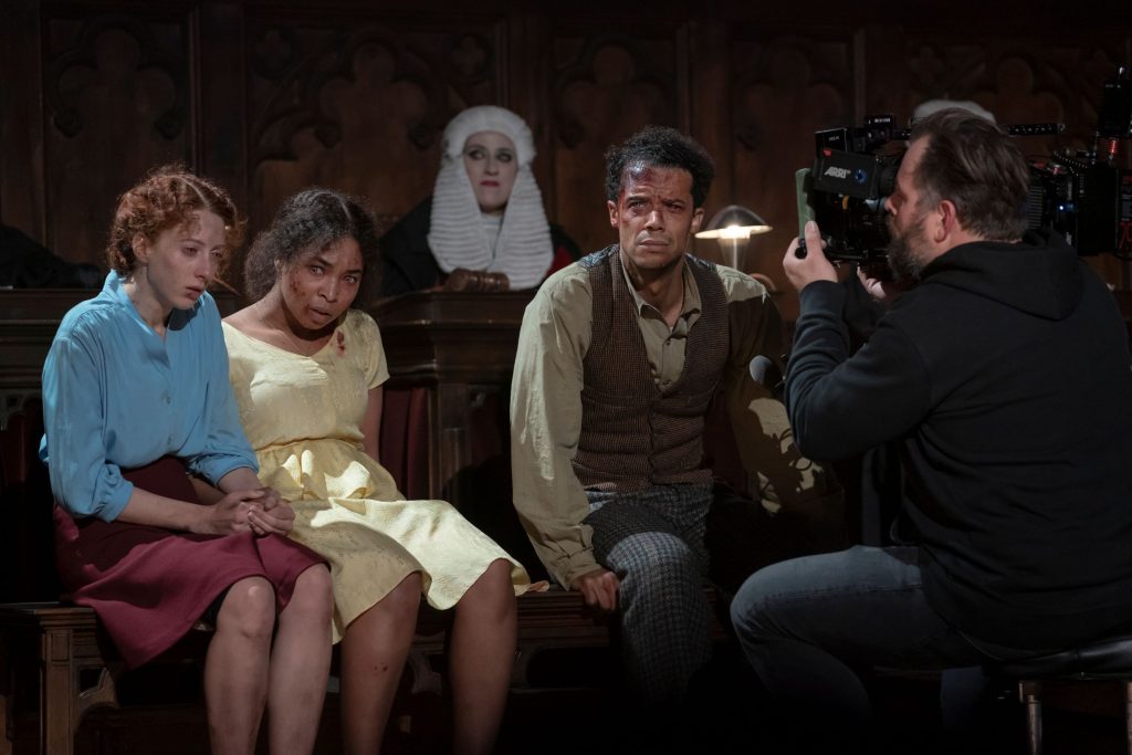 BTS, Crew, Jacob Anderson as Louis de Pointe du Lac, Delainey Hayles as Claudia and Roxane Duran as Madeleine - Interview with the Vampire _ Season 2, Episode 7 - Photo Credit: Larry Horricks/AMC