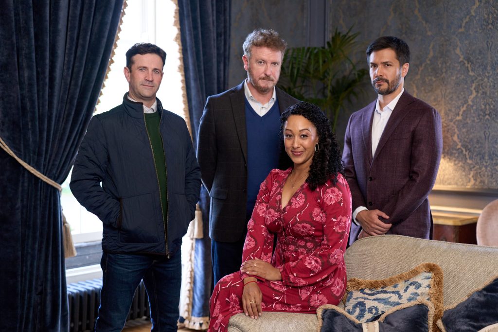 When Gethsemane is invited to play at a wedding, she and Eamon find themselves involved in the death of a member of the bridal party in Haunted Harmony Mysteries: Prelude to a Wedding . Photo: Adam Fergus, Risteard Cooper, Tamera Mowry-Housley, Marco Grazzini Credit: ©2026 Hallmark Media/Photographer: Steffan Hill