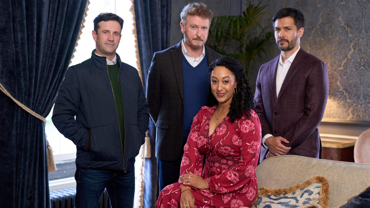 When Gethsemane is invited to play at a wedding, she and Eamon find themselves involved in the death of a member of the bridal party in Haunted Harmony Mysteries: Prelude to a Wedding . Photo: Adam Fergus, Risteard Cooper, Tamera Mowry-Housley, Marco Grazzini Credit: ©2026 Hallmark Media/Photographer: Steffan Hill