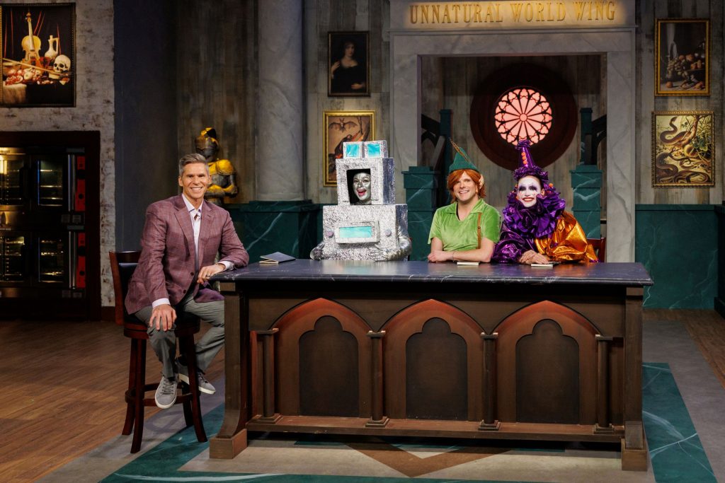 Host John Henson, with judges Aarti Sequeira, Zac Young and Stephanie Boswell as seen on Halloween Baking Championship season 12. Photo: Food Network
