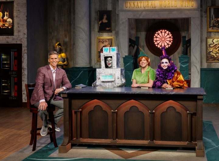 Host John Henson, with judges Aarti Sequeira, Zac Young and Stephanie Boswell as seen on Halloween Baking Championship season 12. Photo: Food Network