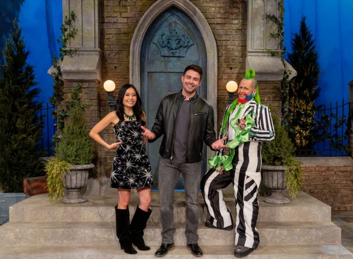 Host Jonathan Bennett with judges Shinmin Li and Andrew Fuller as seen on Halloween Wars season 16. Photo: Food Network