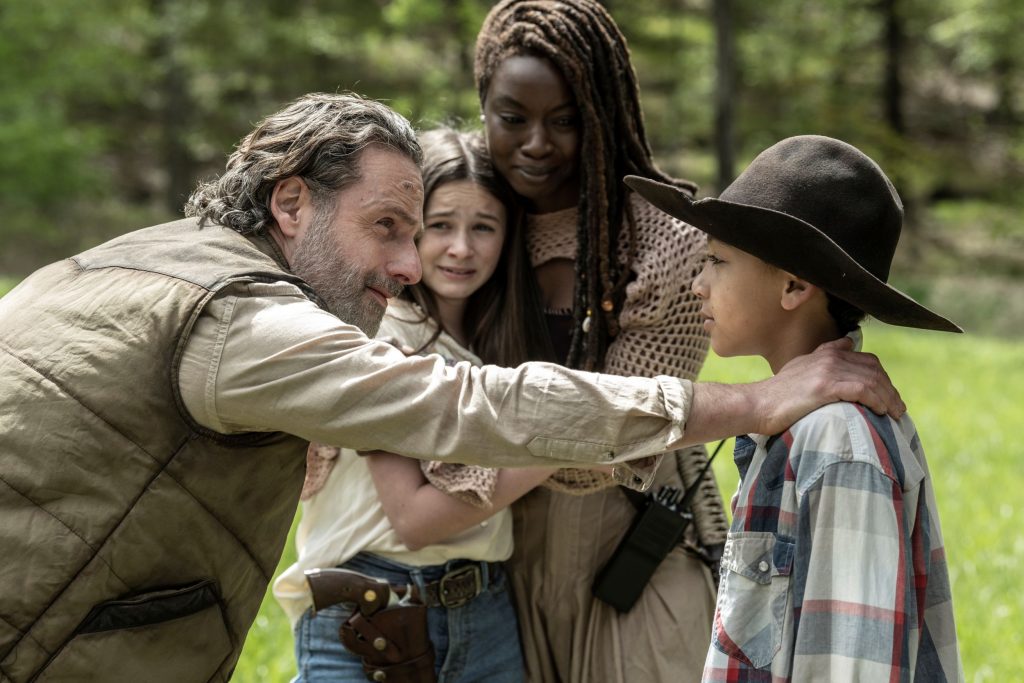 Andrew Lincoln as Rick Grimes, Danai Gurira as Michonne, Cailey Fleming as Judith, Anthony Azor as RJ - The Walking Dead: The Ones Who Live _ Season 1, Episode 6 - Photo Credit: Gene Page/AMC